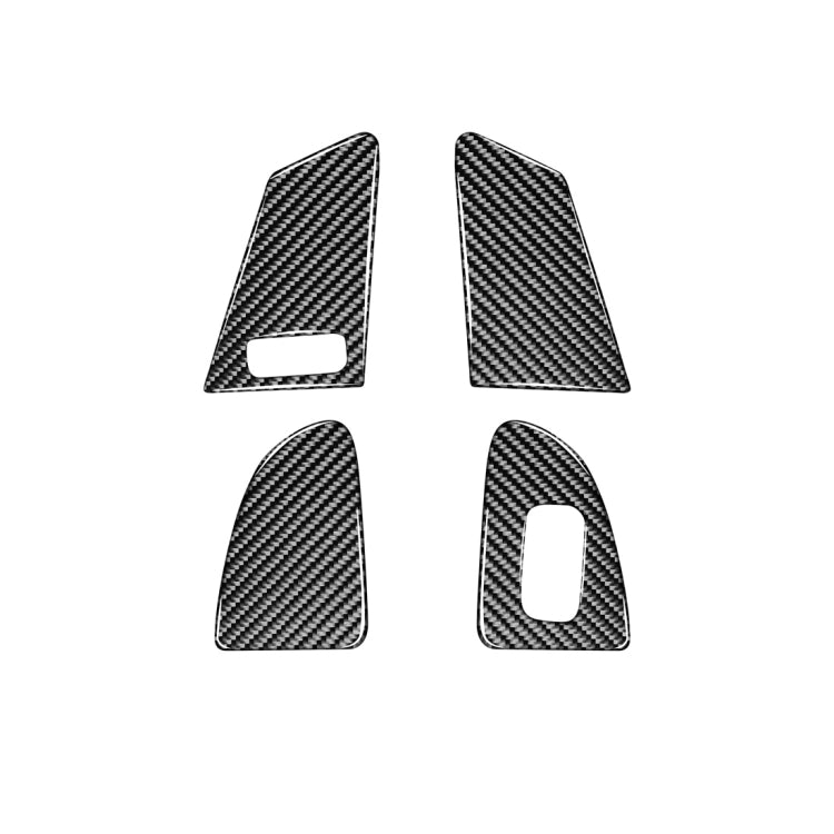 Set of four carbon-fiber window switch panel stickers, contoured shapes with openings.