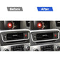 Car dashboard air vent trim sticker shown before and after installing carbon fiber surround