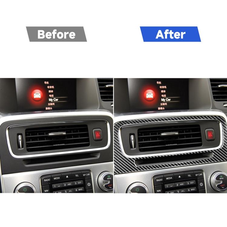 Car dashboard air vent trim sticker shown before and after installing carbon fiber surround