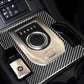 Installed carbon fiber gearshift panel sticker with PRND ring and button cutouts