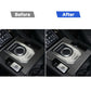Carbon fiber gearshift panel sticker shown before and after installation, black-gray weave