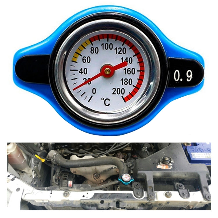 Radiator cap water thermometer accessory, blue and black, 0.9 bar gauge