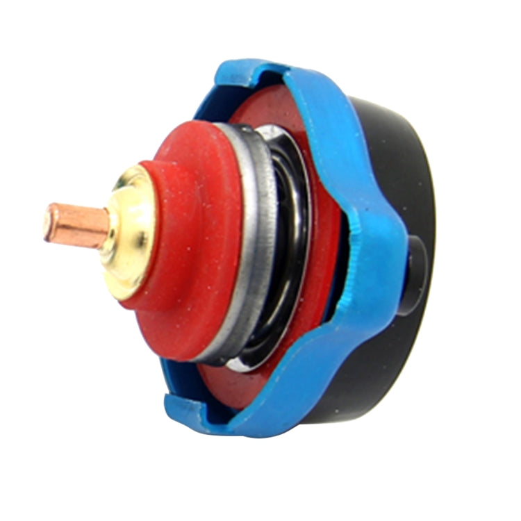 Radiator cap water thermometer accessory with red seal, brass valve, blue housing