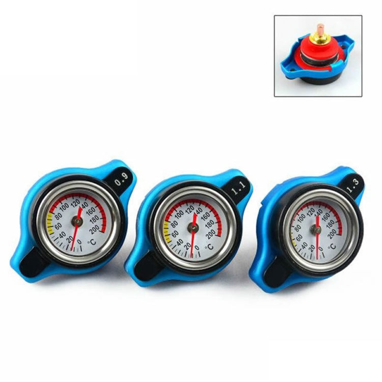 Set of radiator cap water thermometer accessories with blue gauges for 0.9, 1.1, 1.3 bar