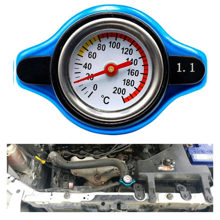 Radiator cap water thermometer accessory, blue and black, 1.1 bar gauge