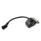 Ignition coil with black cable, black housing, and metal mounting bracket