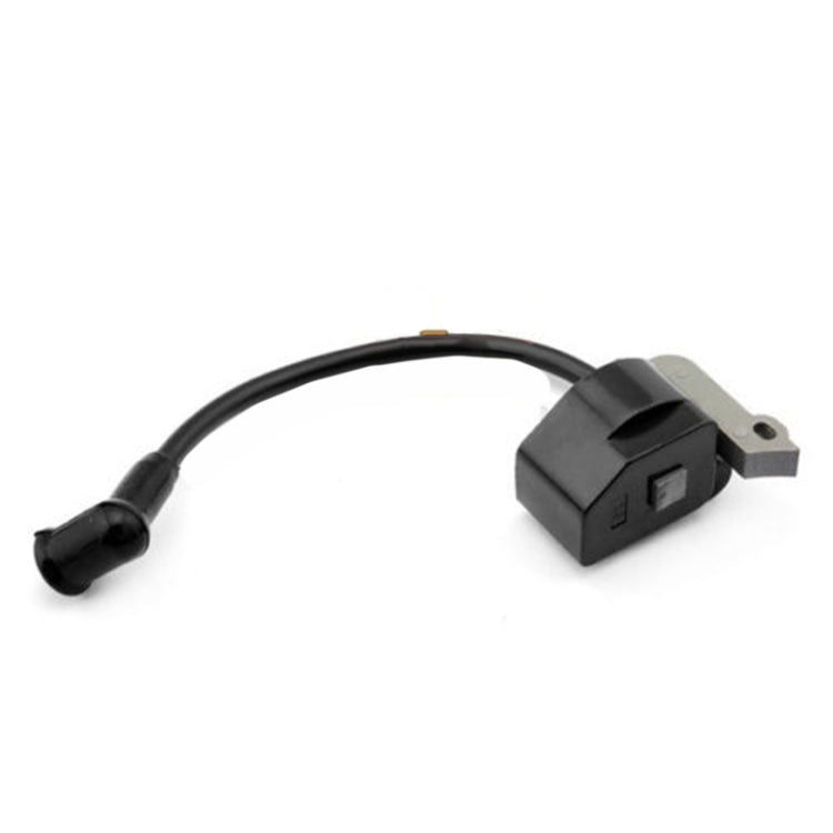 Ignition coil with black cable, black housing, and metal mounting bracket