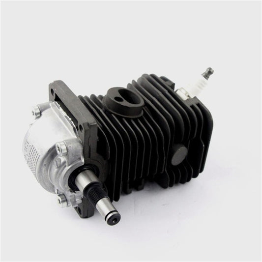 Chainsaw engine cylinder piston assembly with silver crankcase and black fins