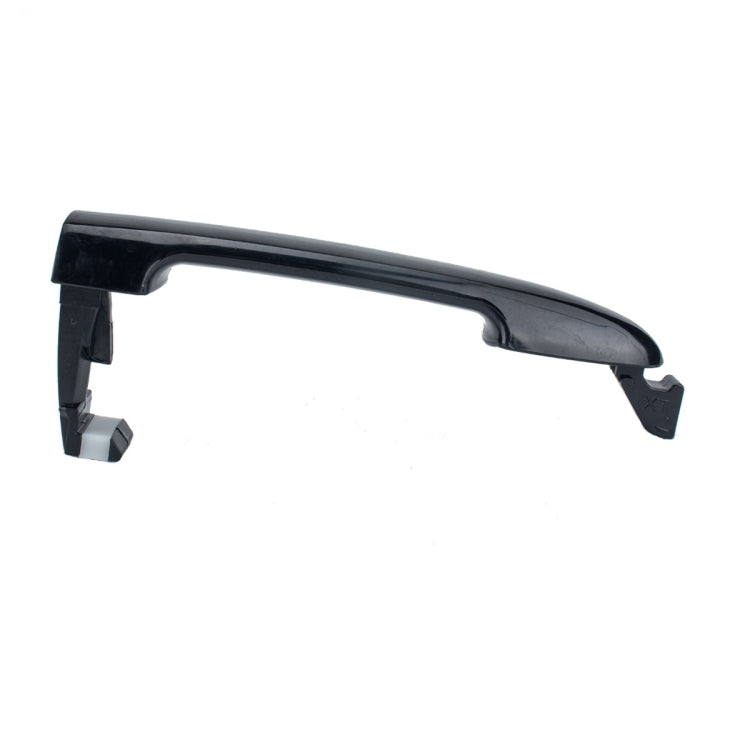 Exterior door handle with curved dark gray/black grip and mounting feet