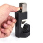 Hammer crimper tool held by hand, showing die jaws for wire terminal crimping