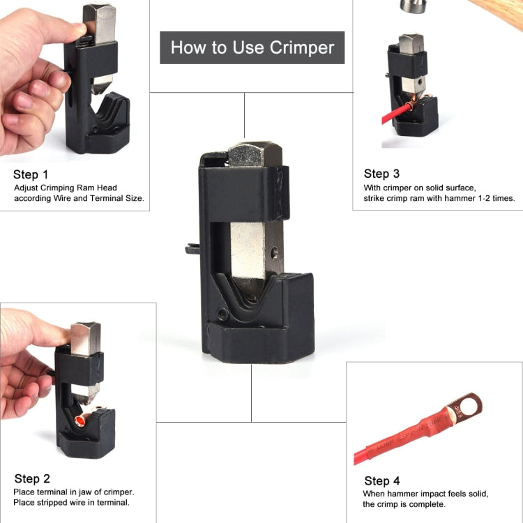 Hammer crimper tool in use, with step-by-step crimping instructions and terminal example