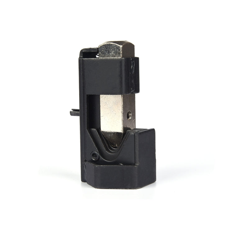 Hammer-style wire lug crimper tool with black body and exposed metal die insert