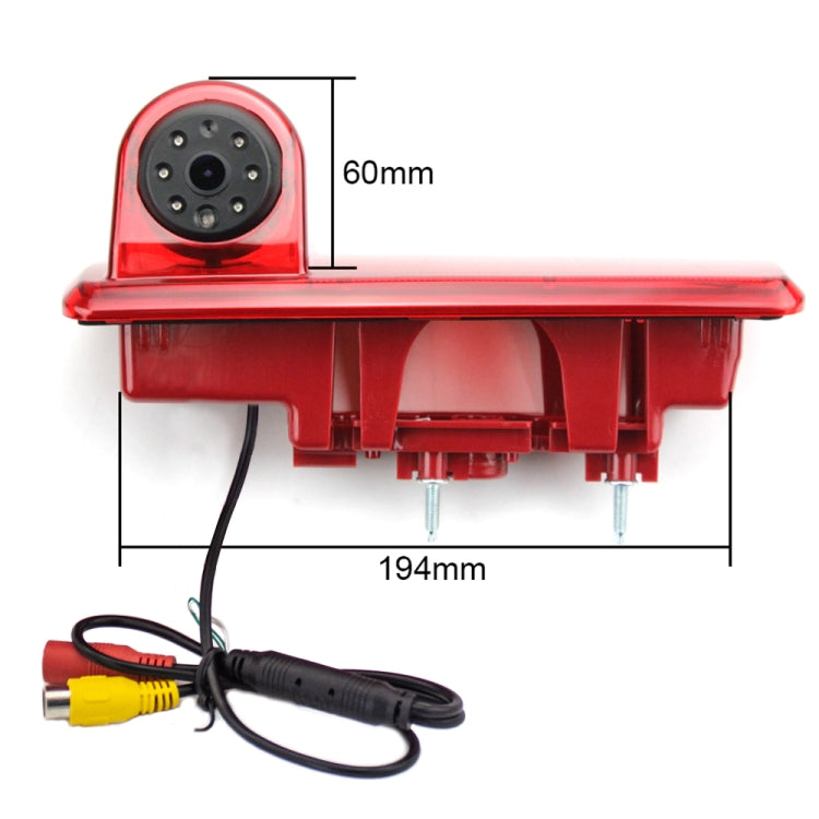 Red rearview camera unit with wide-angle lens and connected AV cable; size diagram.