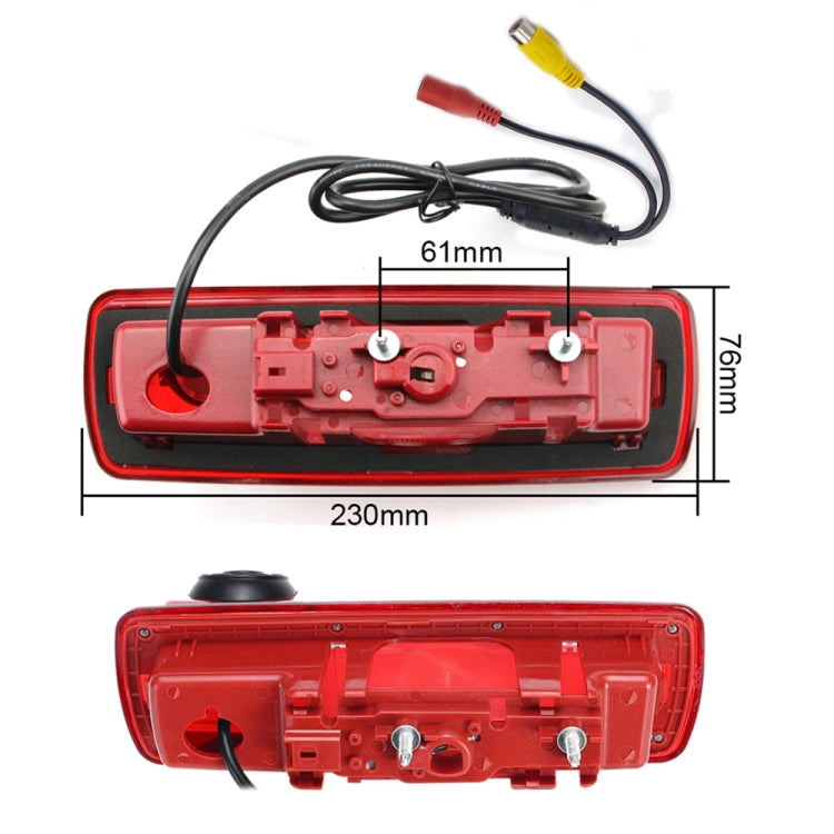 Red brake-light camera housing with internal mounting parts and AV wiring; dimensions shown.