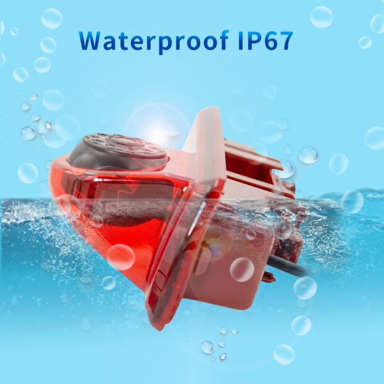Waterproof red rearview camera with wide lens, sealed for outdoor wet use.