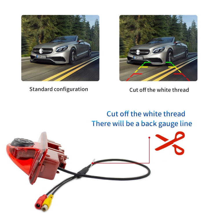 Red brake-light camera with wiring harness, shown with driving lane guidance examples.