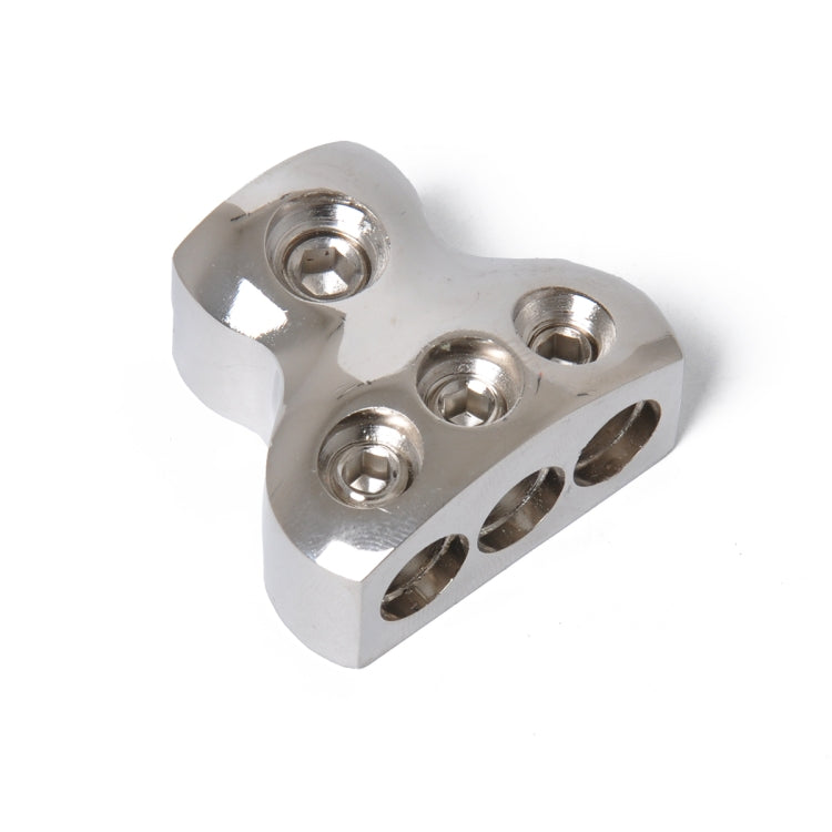 3-way power cable distribution block with three threaded ports, silver metal