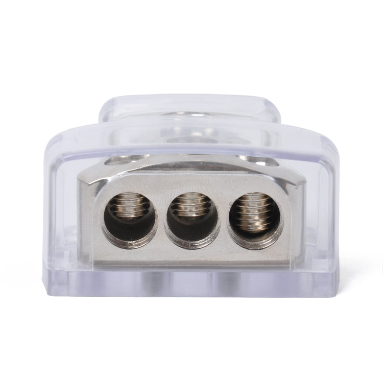 3-way power cable distribution block end view with three threaded connections in clear case