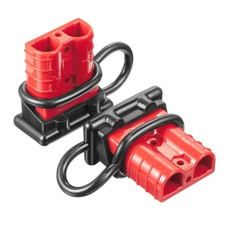 50Amp battery quick connector plug with red housing and black dust cover, side view