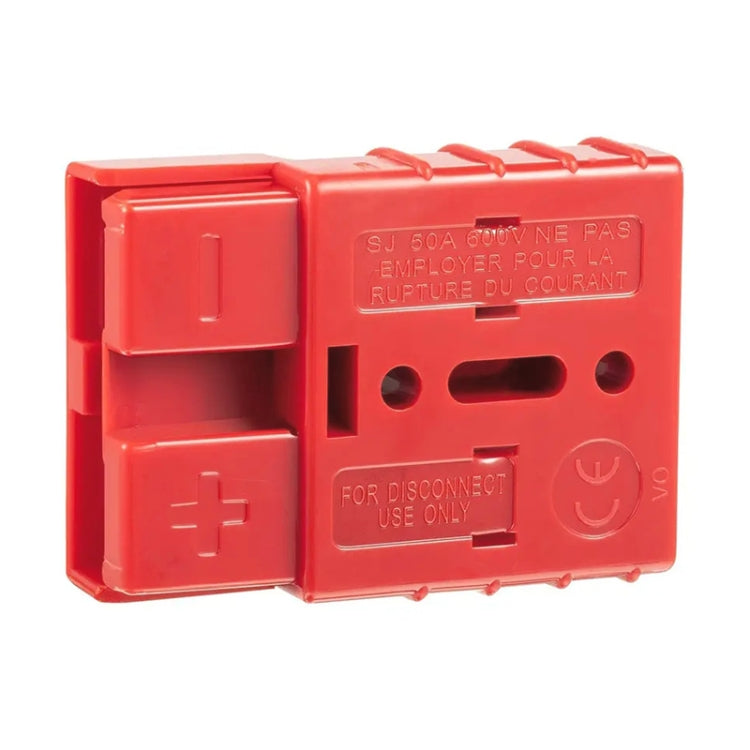 50Amp battery quick connector plug, red connector housing with molded warning text