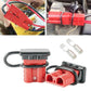 Battery quick connector plug with red housing, black dust cover, and included terminals