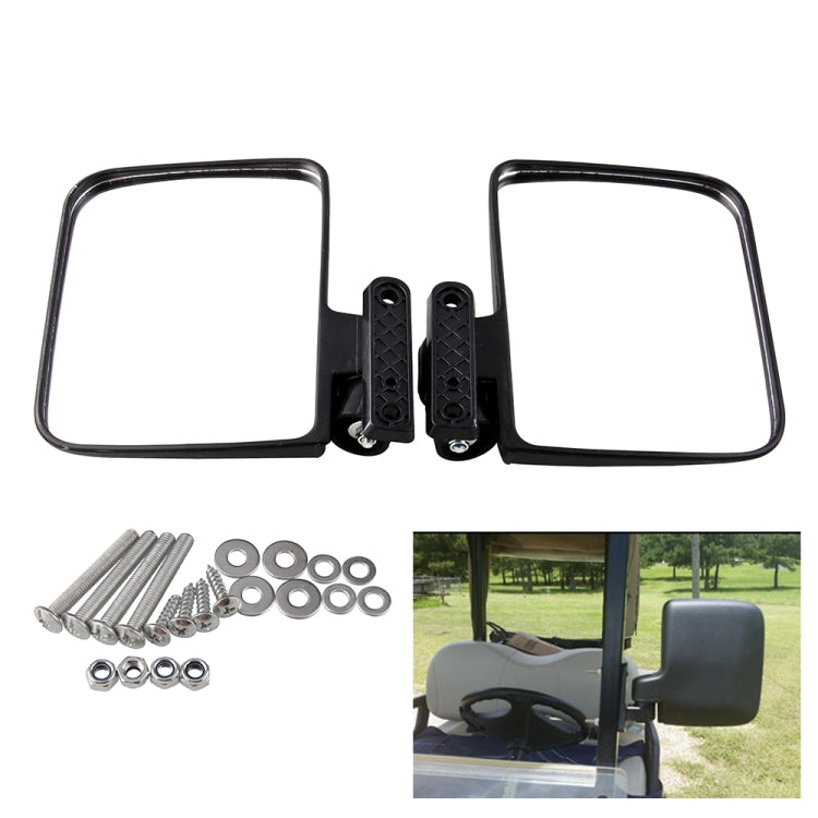 Pair of black rectangular side rear-view mirrors with mounting brackets and screws
