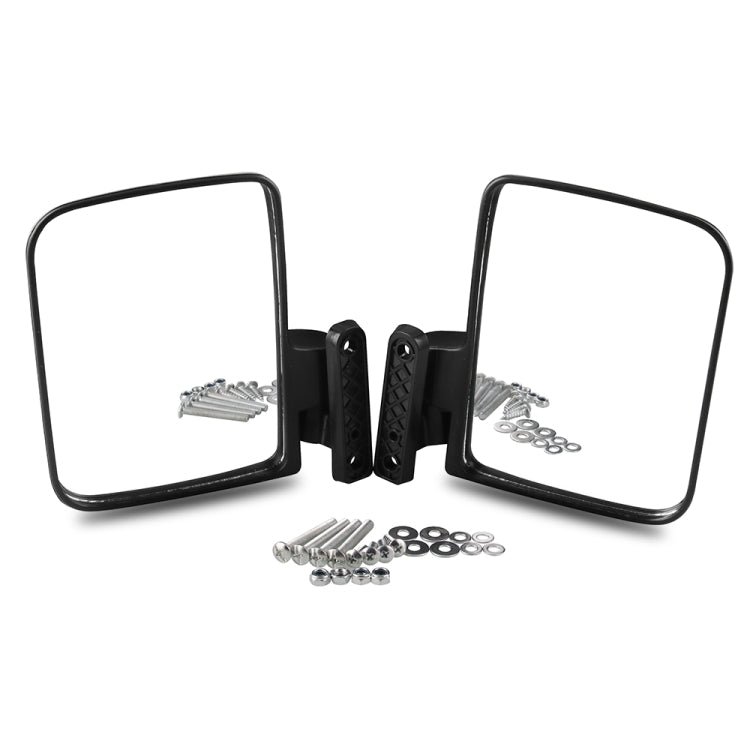 Pair of black rectangular side mirrors with center mounting bracket and included screws