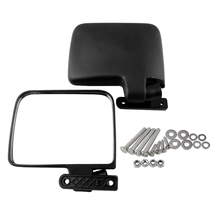 Black side rear-view mirror assembly with mounting bracket and hardware screws