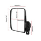 Black rectangular side mirror with mounting bracket shown with size measurements
