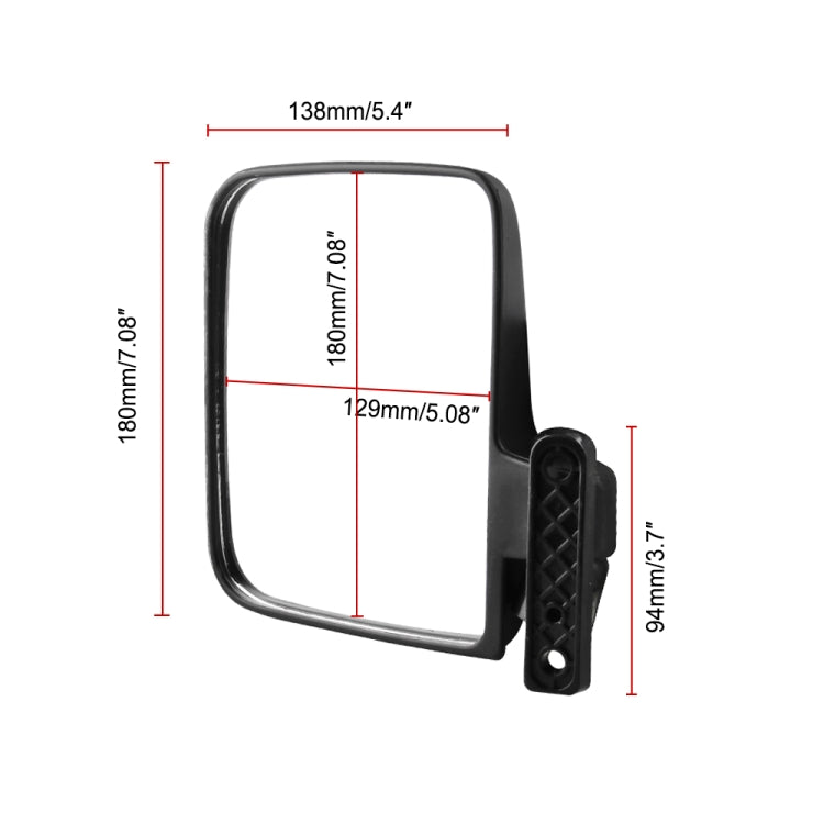 Black rectangular side mirror with mounting bracket shown with size measurements