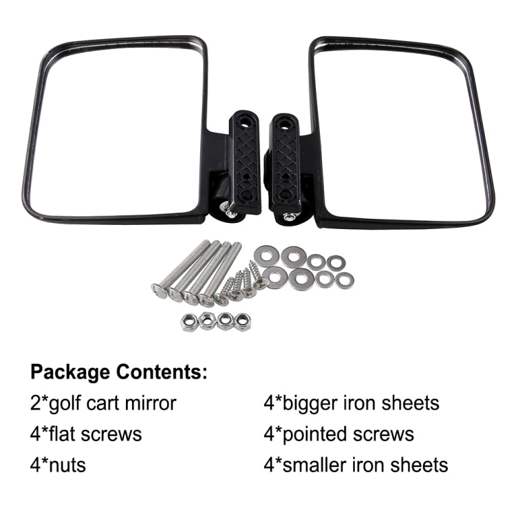 Pair of black rectangular side rear-view mirrors with mounting hardware kit