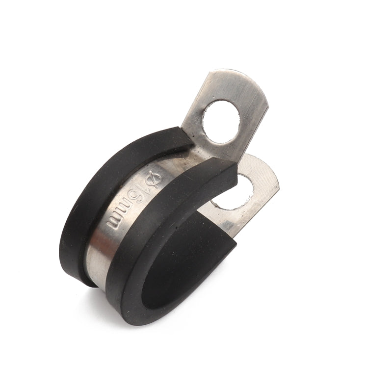 Single stainless steel pipe clamp with black rubber cushion and mounting hole, 28mm