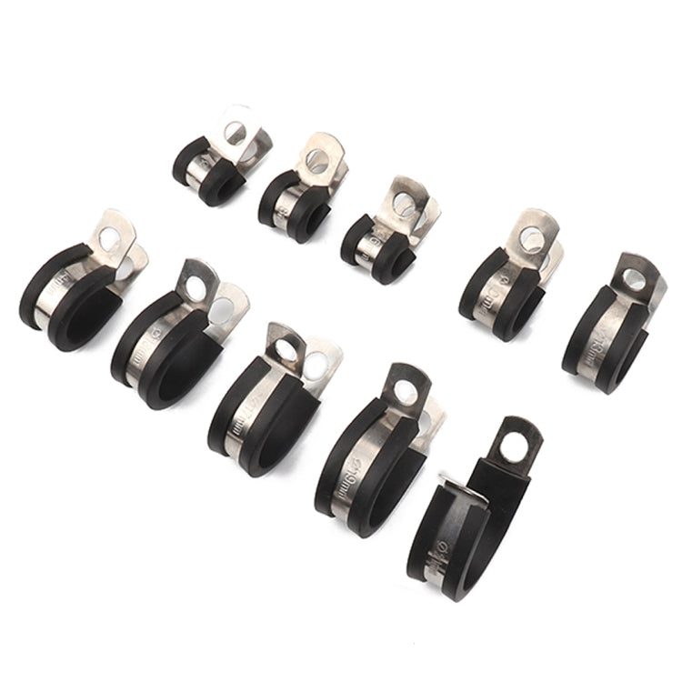 Set of 10 stainless steel rubber cushion pipe clamps, black, 42mm (13/8 in)