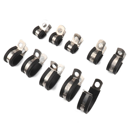 Set of 10 stainless steel rubber cushion pipe clamps, black, 42mm (13/8 in)