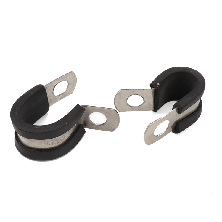 Pair of black rubber cushion stainless pipe clamps with metal mounting tabs, 42mm