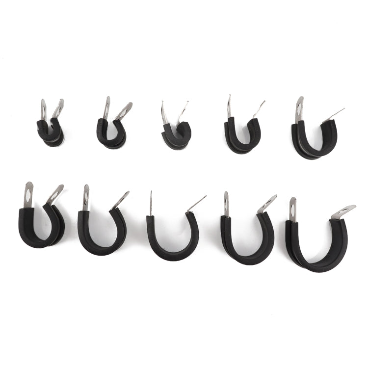 10 rubber pipe clamps with stainless metal prongs, black U-shaped cushions, 42mm