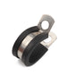 Stainless steel pipe clamp with black rubber cushion and mounting hole, 9/16 in