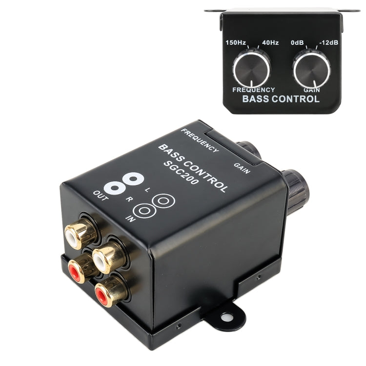 Black bass control amplifier regulator with frequency and gain knobs, SGC200 label