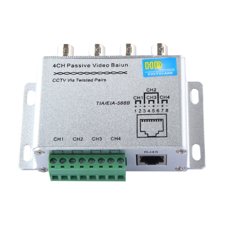 4-channel passive video balun with BNC connectors, RJ45 port, and green terminal block