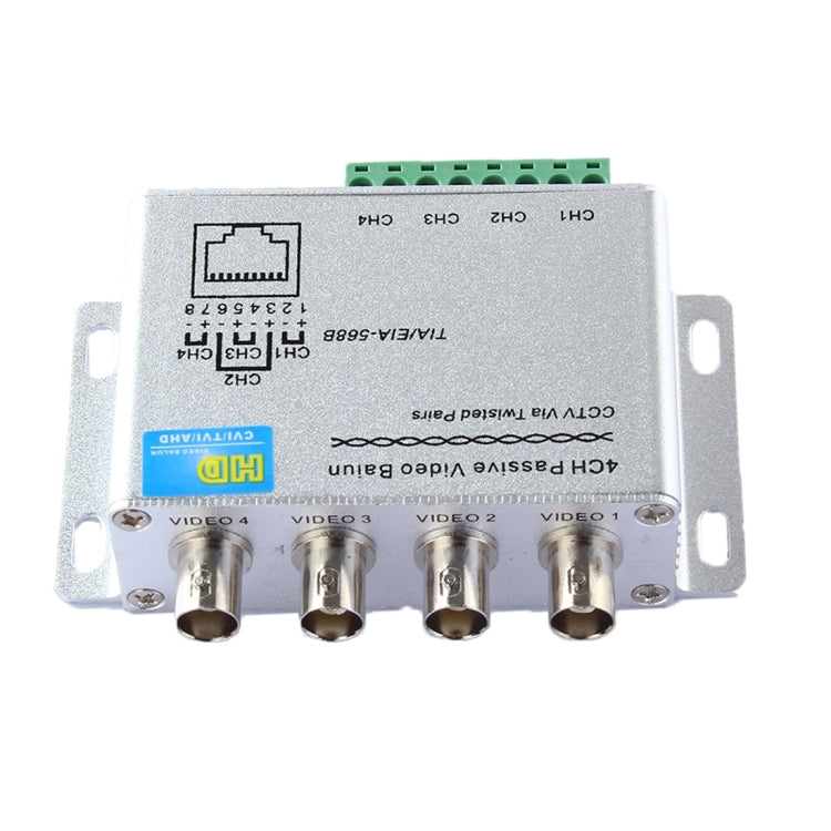 4-channel passive video balun back with BNC ports and wiring label