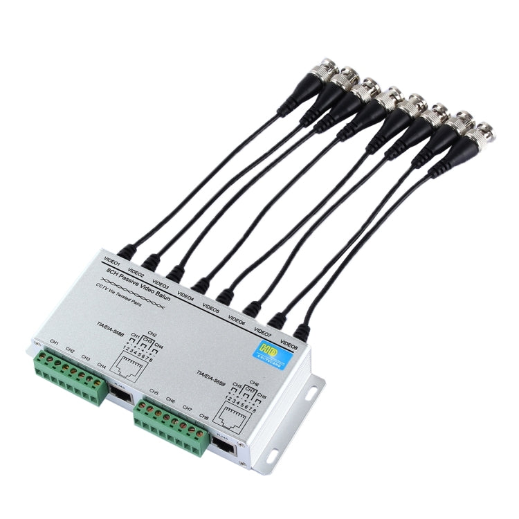 8-channel passive video balun with bundled coax cables and RJ45 terminals