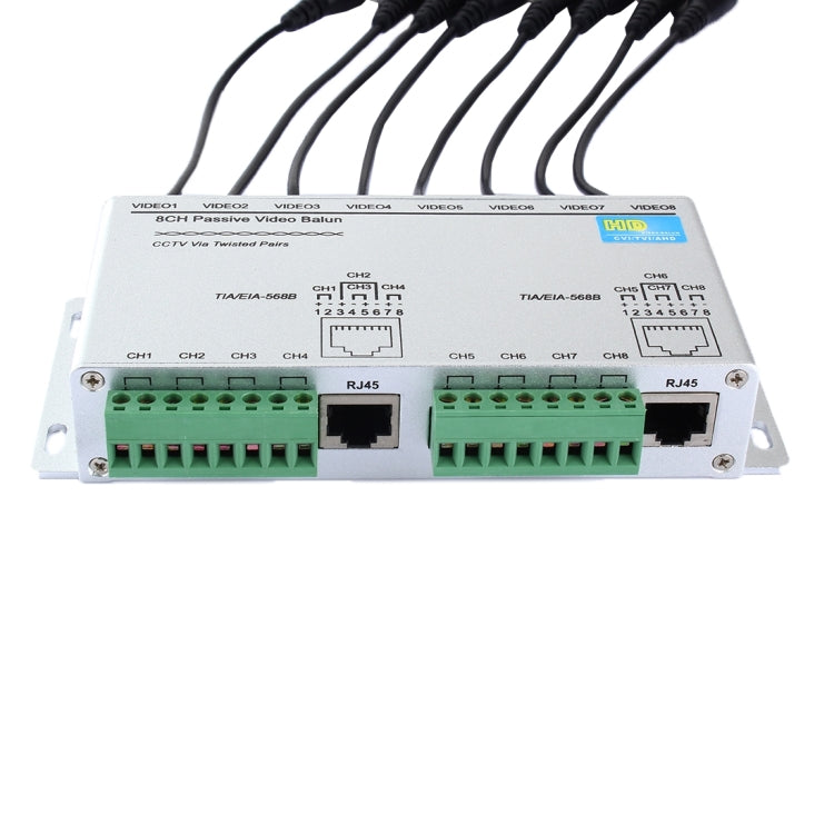 Front panel of 8-channel passive video balun with RJ45 ports and green screw terminals