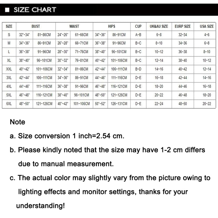 Size chart for kids inflatable float life jacket swimsuit, includes S through 6XL