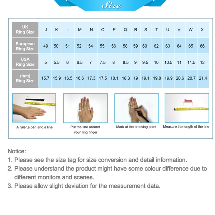 Ring size chart showing sizing table and measurement guide for adjustable open ring