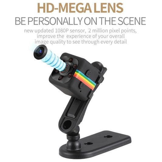 Black mini sport recorder camera on small tabletop mount, angled view