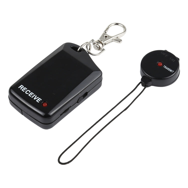 Black anti-lost receiver alarm with lanyard, metal key ring, and clasp