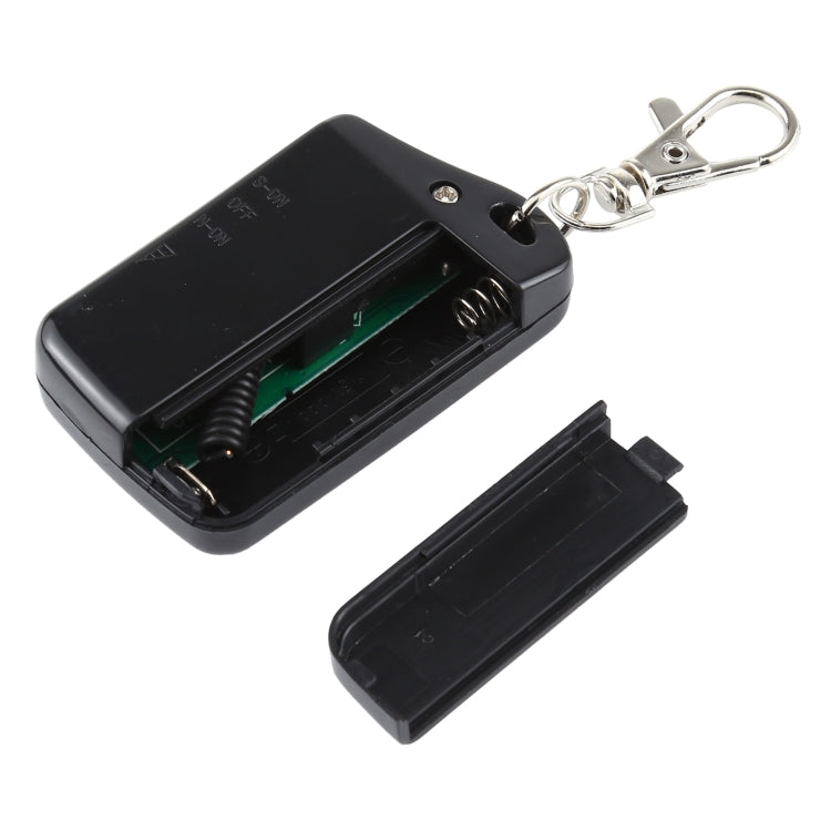 Black anti-lost receiver alarm with open battery compartment and key ring clip