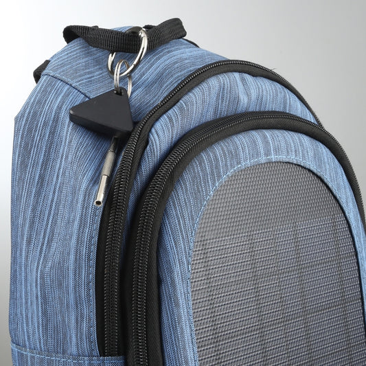 Black triangular key finder clipped onto a blue fabric pouch