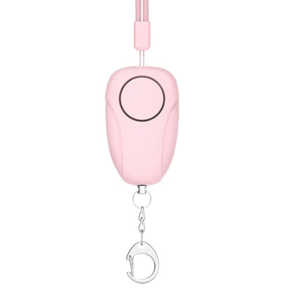 Pink personal alarm siren with pull ring and keychain, round side button