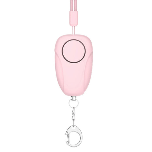 Pink personal alarm siren with pull ring and keychain, round side button